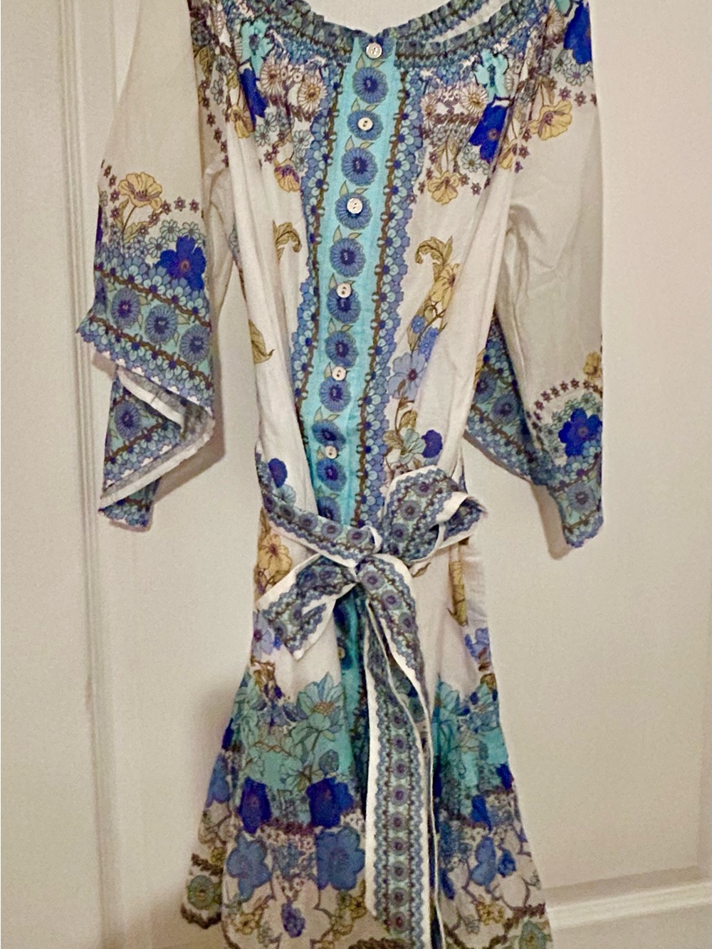 Hale Bob Cream above the knee Dress with Blue and Aqua Floral Trim